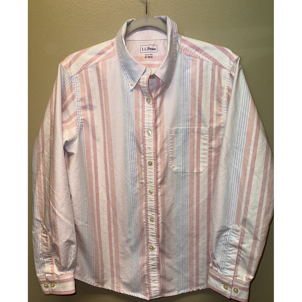 L.L Bean Poplin Shirt Striped Pastel Pink Yellow Blue 100% Cotton